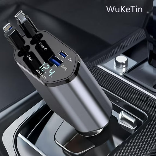4 in 1 Retractable Car Charger, 100W Fast Car Phone Charger with iPhone and Type C Cable and 2 Charging Ports Car Charger Adapter