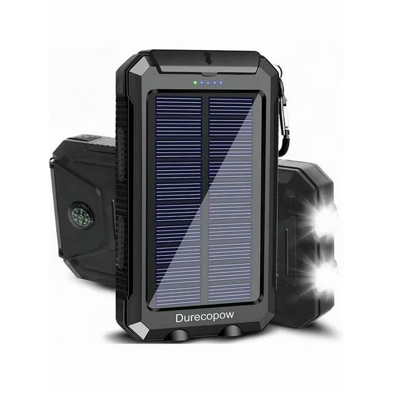 [Best Gift] 10000mAh Solar Power Bank - Portable Charger with Dual 5V USB Ports, LED Flashlight & Compass - For Phones, Devices, Travel & Camping - External Backup Battery