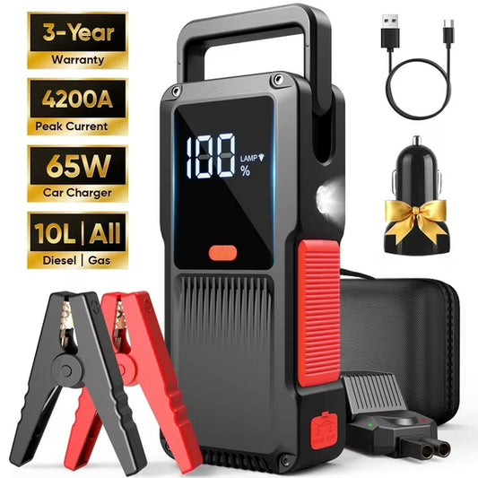 GCZ 4200A Peak Car Jump Starter for All Gas & 10L Diesel Engines, 27000mAh Portable Battery Booster with 65W Car Charger, LED Display & Lighting (3-Year Warranty)