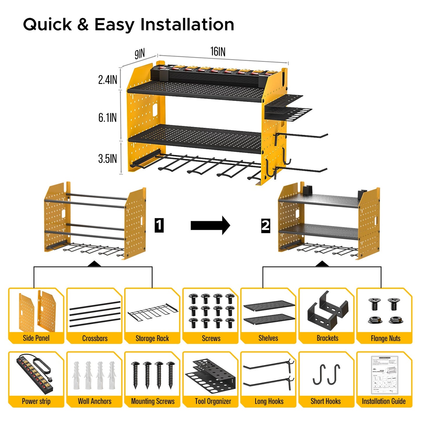 Power Tool Organizer Wall Mount, Cordless Drill Holder with 8-Outlet Power Strip, Modular Garage Organization Storage Rack 36 Months Warranty-3
